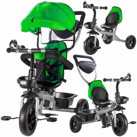 Tricicleta 3 in 1 pentru Copii idealSTORE, Centuri de siguranta cu trei puncte, Buton de rotire a scaunului, 2 Cosuri Spatioase, Suport pentru picioare, Pedale antiderapante, Roti din spuma EVA, Claxon, Protectie Raze UV