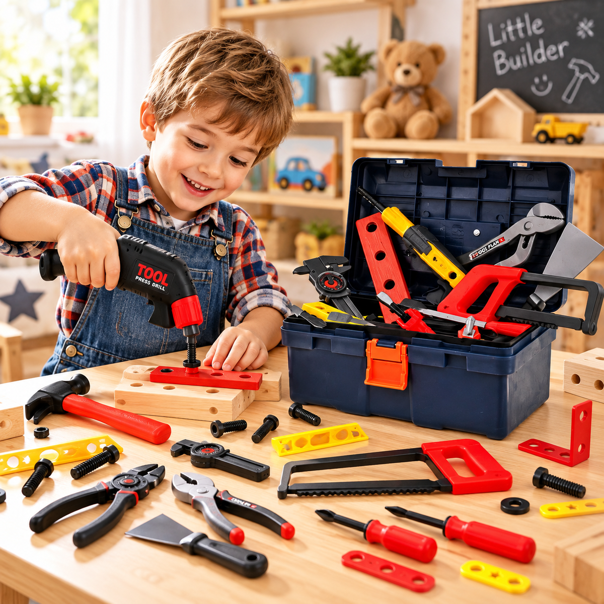 Trusa de scule idealStore FullTools, cuprinde 50 de Scule si Accesorii, diverser Sortimente de Chei, Suruburi, Spaclu, Bomfaier, Ciocan, contine Cutie de Depozitare