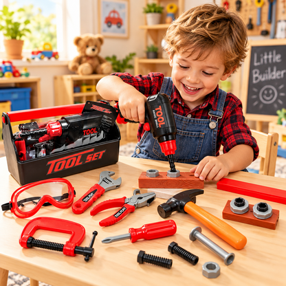 Trusa de bricolaj interactiva The Little Workshop, Accesorizata cu unelte si scule simbolice care ajuta la dezvoltarea creativa si educativa a celor mici, Distractia fiind garantata, Material din plastic de inalta calitate, Negru-rosu