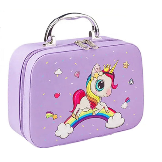 Trusa de machiaj pentru copii, Simply Joy, cu 27 de elemente pentru make-up, rujuri, farduri, oja, Design inedit, geanta cu maner pentru transport, pentru fetite de 3,4,5,6,7,8,9 ani