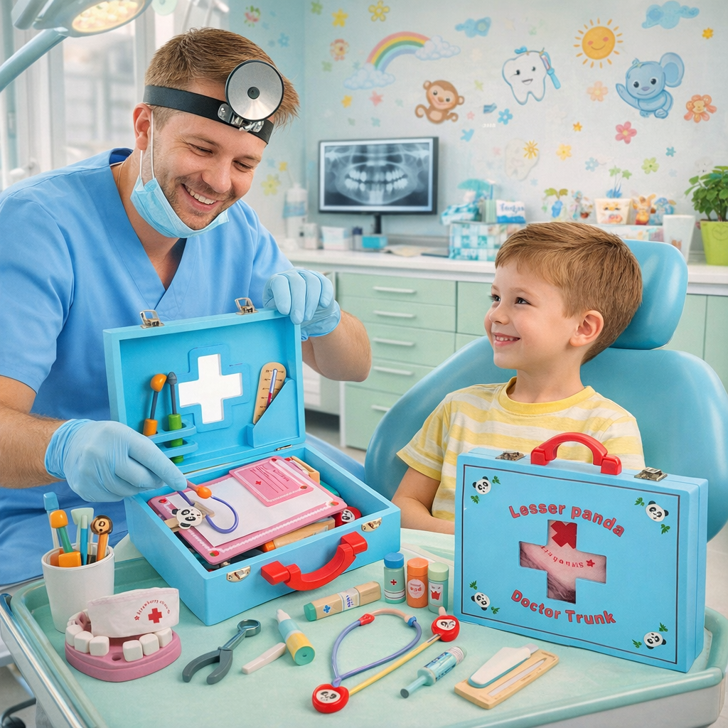 Trusa medicala dentist din lemn pentru copii Doctor Panda cu valiza
