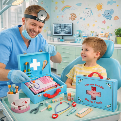 Trusa medicala dentist din lemn pentru copii Doctor Panda cu valiza
