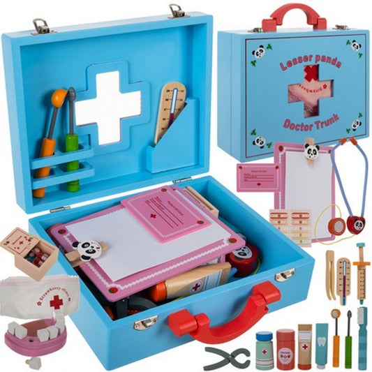 Trusa medicala dentist din lemn pentru copii Doctor Panda cu valiza