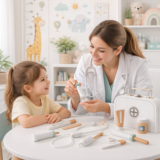 Trusa medicala din lemn pentru copii Deluxe cu accesorii