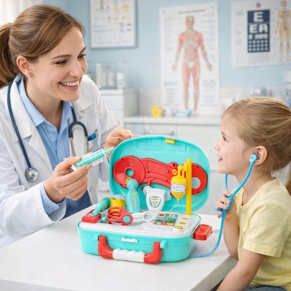Trusa medicala copii Lovely Baby cu 12 accesorii, stetoscop, penseta, lupa, geanta transport