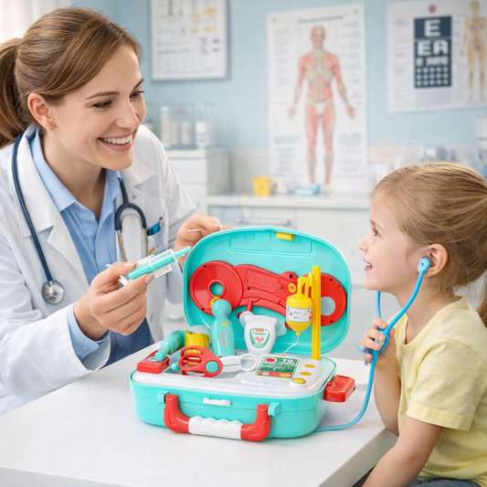Trusa medicala copii Lovely Baby cu 12 accesorii, stetoscop, penseta, lupa, geanta transport