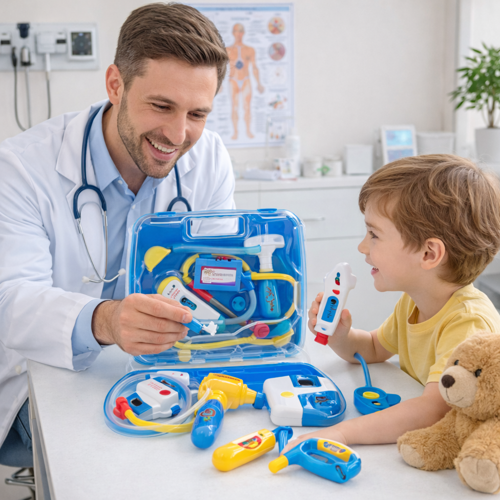 rusa medicala de jucarie pentru copii Little Doctor IdealStore cu stetoscop si valiza