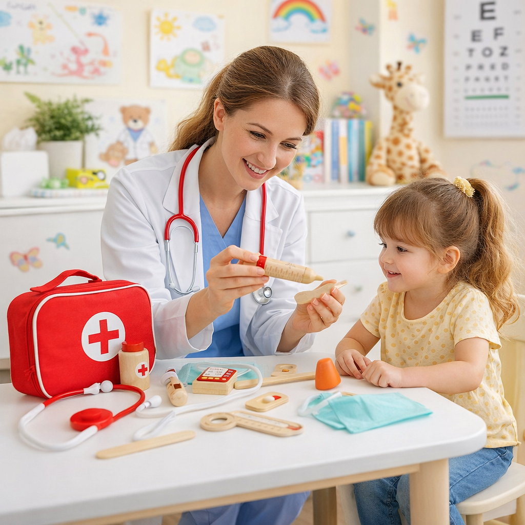 Trusa medicala copii din lemn cu accesorii si geanta depozitare