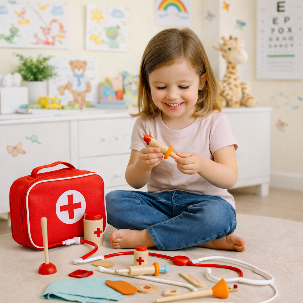 Trusa medicala copii din lemn cu accesorii si geanta depozitare