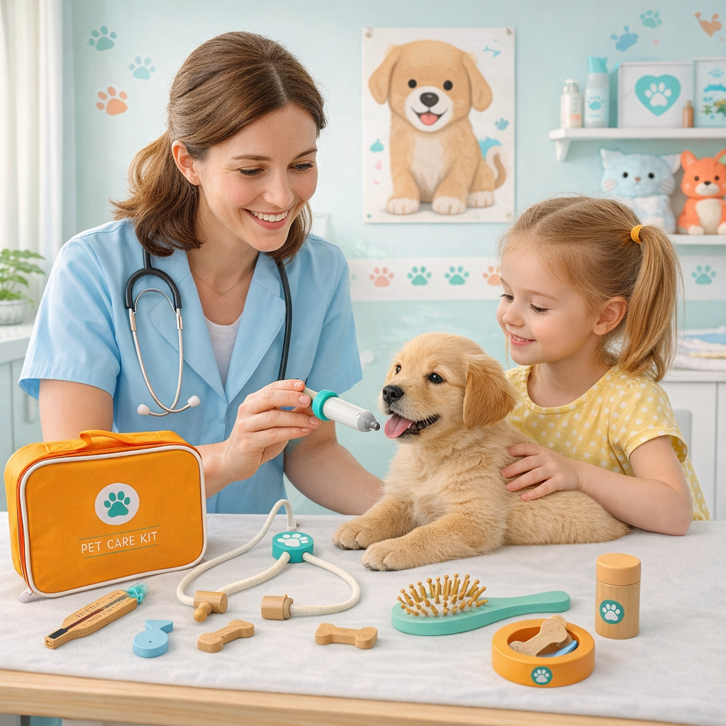 Trusa medicala copii Micul Veterinar din lemn cu 11 accesorii