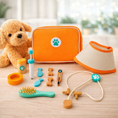Trusa medicala copii Micul Veterinar din lemn cu 11 accesorii