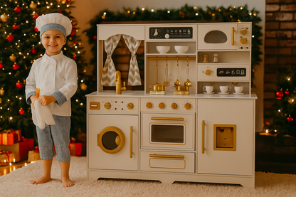 Bucatarie din lemn idealSTORE pentru copii, Dimensiuni 109 x 102 x 32 cm, Complet utilata cu Aragaz iluminat, Cuptor, Cuptor cu Microunde, Masina de spalat vase, Chiuveta, Rafturi si carlige pentru accesorii, Oala, Tigaie si Linguri, Cafetiera, MDF