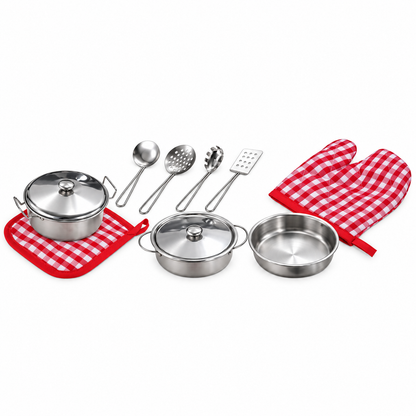 Set Oale De Gatit Pentru Copii idealSTORE, Vase Metalice Cu Capace, 4 Ustensile, Manusa Si Suport Textil, Accesorii Rosii Si Albe, Joc De Rol