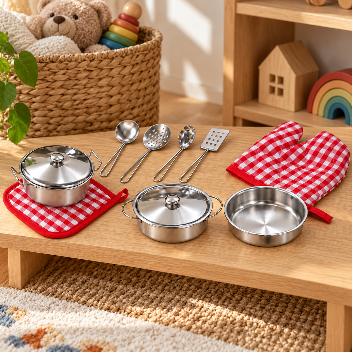 Set Oale De Gatit Pentru Copii idealSTORE, Vase Metalice Cu Capace, 4 Ustensile, Manusa Si Suport Textil, Accesorii Rosii Si Albe, Joc De Rol