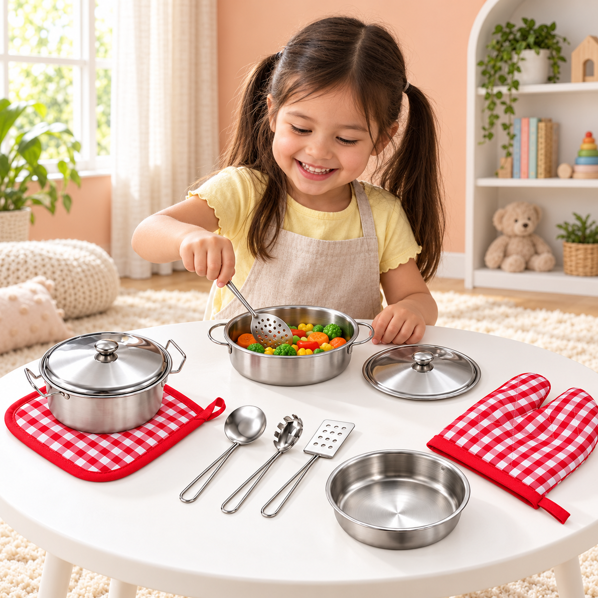 Set Oale De Gatit Pentru Copii idealSTORE, Vase Metalice Cu Capace, 4 Ustensile, Manusa Si Suport Textil, Accesorii Rosii Si Albe, Joc De Rol