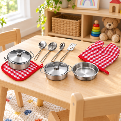 Set Oale De Gatit Pentru Copii idealSTORE, Vase Metalice Cu Capace, 4 Ustensile, Manusa Si Suport Textil, Accesorii Rosii Si Albe, Joc De Rol