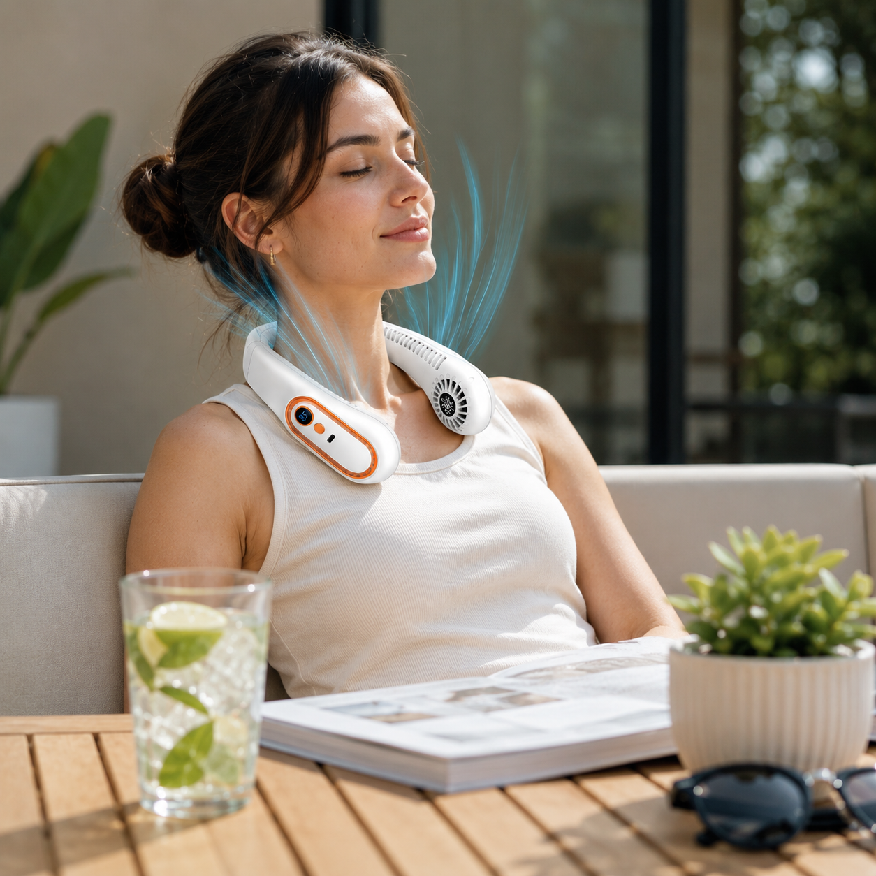 Ventilator Portabil pentru Gat IdealStore, Flux Aer 360°, 5 Trepte Viteza, Afisaj LED, USB-C, Reincarcabil, Alb