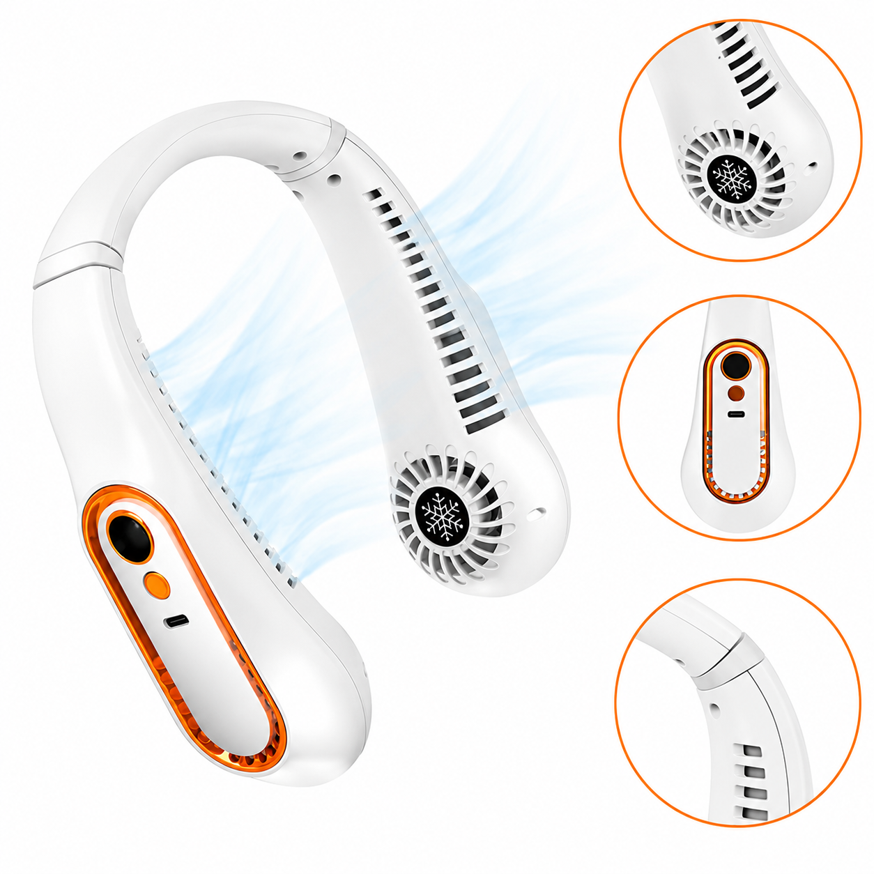 Ventilator Portabil pentru Gat IdealStore, Flux Aer 360°, 5 Trepte Viteza, Afisaj LED, USB-C, Reincarcabil, Alb