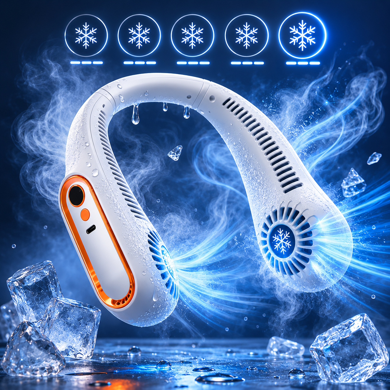Ventilator Portabil pentru Gat IdealStore, Flux Aer 360°, 5 Trepte Viteza, Afisaj LED, USB-C, Reincarcabil, Alb