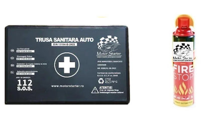 Kit siguranta rutiera Motor Starter 5 ani valabilitate, Trusa medicala auto prim ajutor + Stingator auto tip spray 1000 ml, vesta reflectorizanta