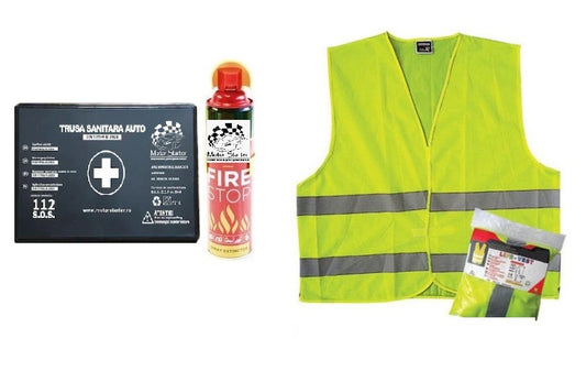 Kit siguranta rutiera Motor Starter 5 ani valabilitate, Trusa medicala auto prim ajutor + Stingator auto tip spray 1000 ml, vesta reflectorizanta