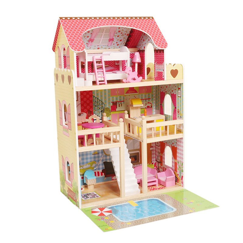 Casuta din lemn pentru papusi PROCART, iluminare LED, 3 nivele, 5 camere, 15 piese mobilier, 59x33x90 cm