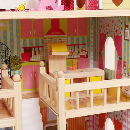 Casuta din lemn pentru papusi PROCART, iluminare LED, 3 nivele, 5 camere, 15 piese mobilier, 59x33x90 cm