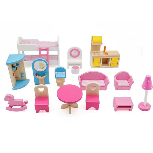 Casuta din lemn pentru papusi PROCART, iluminare LED, 3 nivele, 5 camere, 15 piese mobilier, 59x33x90 cm