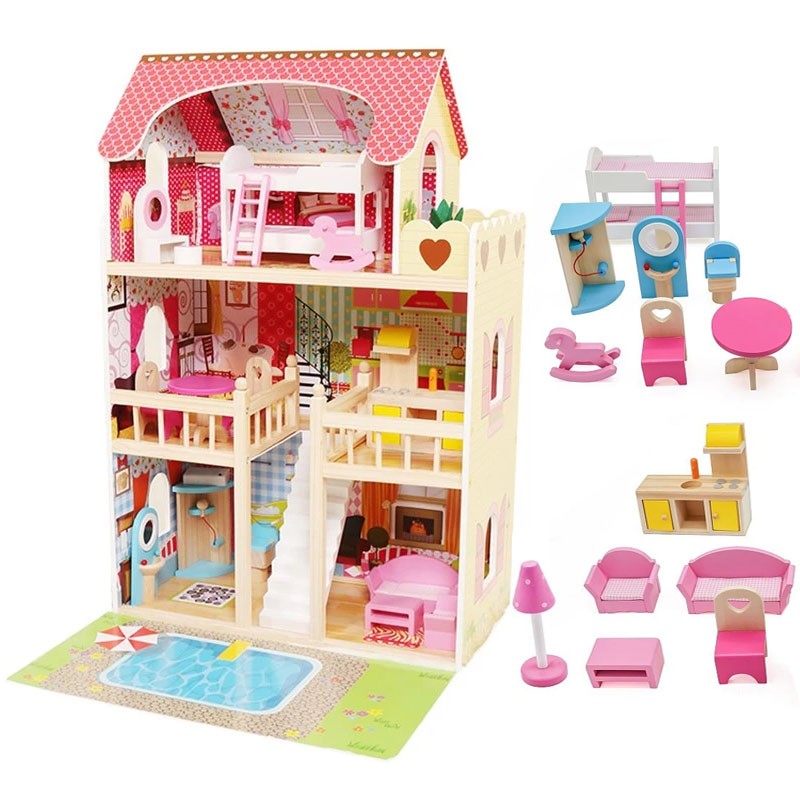 Casuta din lemn pentru papusi PROCART, iluminare LED, 3 nivele, 5 camere, 15 piese mobilier, 59x33x90 cm