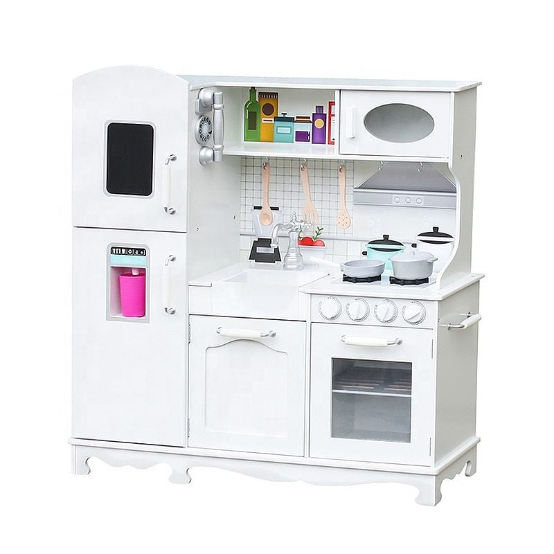 Bucatarie copii PROCART, lemn MDF alb, cuptor, frigider, chiuveta, set ustensile si cratite gatit, 91x102.5x30 cm