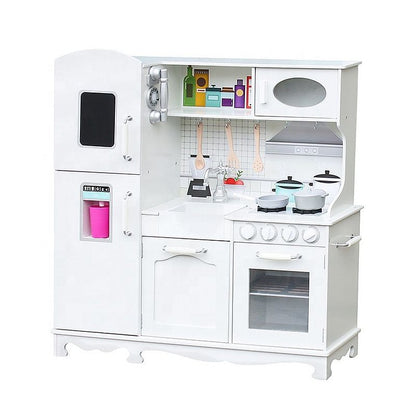 Bucatarie copii PROCART, lemn MDF alb, cuptor, frigider, chiuveta, set ustensile si cratite gatit, 91x102.5x30 cm