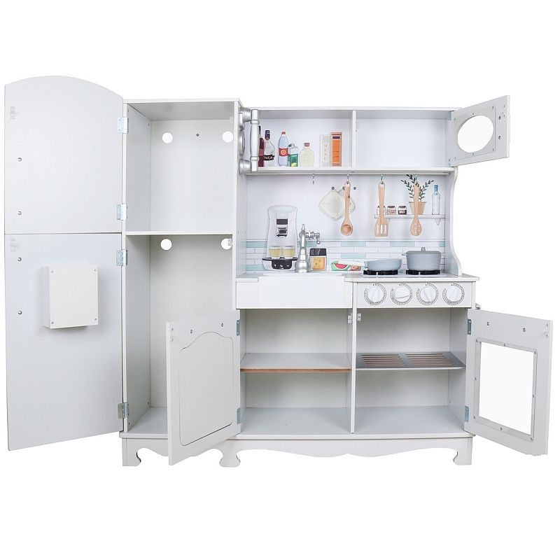 Bucatarie copii PROCART, lemn MDF alb, cuptor, frigider, chiuveta, set ustensile si cratite gatit, 91x102.5x30 cm