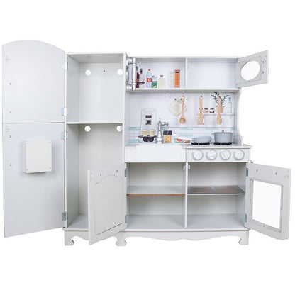 Bucatarie copii PROCART, lemn MDF alb, cuptor, frigider, chiuveta, set ustensile si cratite gatit, 91x102.5x30 cm