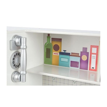 Bucatarie copii PROCART, lemn MDF alb, cuptor, frigider, chiuveta, set ustensile si cratite gatit, 91x102.5x30 cm