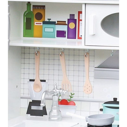 Bucatarie copii PROCART, lemn MDF alb, cuptor, frigider, chiuveta, set ustensile si cratite gatit, 91x102.5x30 cm