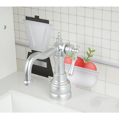 Bucatarie copii PROCART, lemn MDF alb, cuptor, frigider, chiuveta, set ustensile si cratite gatit, 91x102.5x30 cm