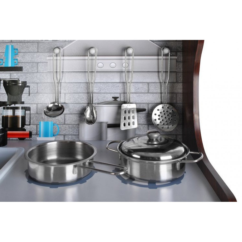 Bucatarie din lemn ecologic, Cu lumini si sunete, Complet utilata cu accesorii moderne, 80x80.5 cm, Alb-Maro