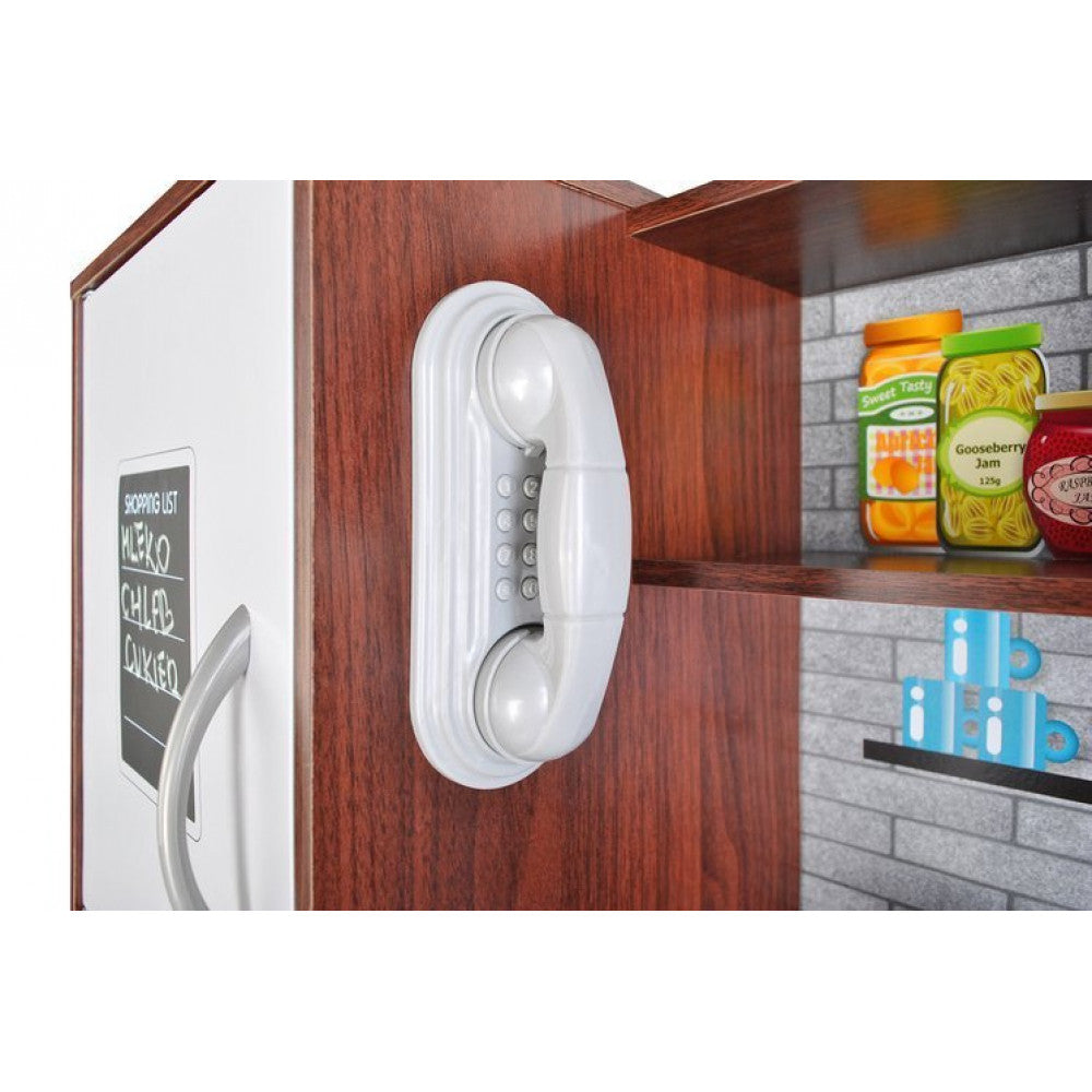 Bucatarie din lemn ecologic, Cu lumini si sunete, Complet utilata cu accesorii moderne, 80x80.5 cm, Alb-Maro