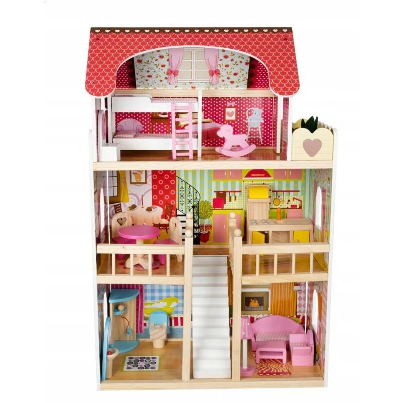 Casuta Din Lemn Ecologic, Pentru Papusi, 29 x 59 x 90 Cm, 3 Nivele, Iluminata Led, 5 Camere, Balcon, 16 Accesorii De Mobilier