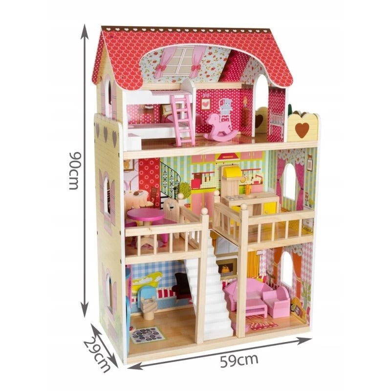 Casuta Din Lemn Ecologic, Pentru Papusi, 29 x 59 x 90 Cm, 3 Nivele, Iluminata Led, 5 Camere, Balcon, 16 Accesorii De Mobilier