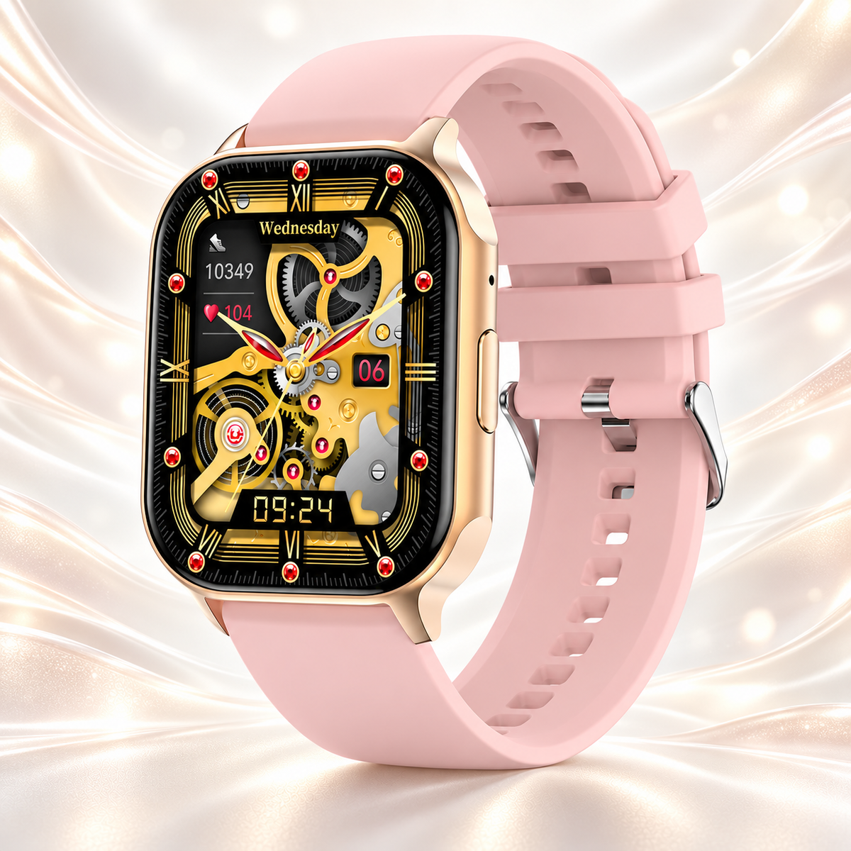 Smartwach XiaWatch idealSTORE, ecran AMOLED, Efectuare Apel Bluetooth HD, NFC, Asistent Vocal, Monitorizare Sanatate, Aplicatie Bursiera, Test Respiratie si Stres, Respingere Apel, Mod MultiSport, Silicon Roz