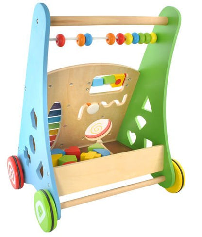 Antepremergator educativ din lemn pentru copii, 4 In 1 cu centru de activitati, numere, forme geometrice 10 piese si roti anti-alunecare, Multicolor