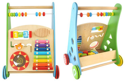 Antepremergator educativ din lemn pentru copii, 4 In 1 cu centru de activitati, numere, forme geometrice 10 piese si roti anti-alunecare, Multicolor