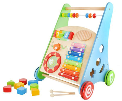 Antepremergator educativ din lemn pentru copii, 4 In 1 cu centru de activitati, numere, forme geometrice 10 piese si roti anti-alunecare, Multicolor