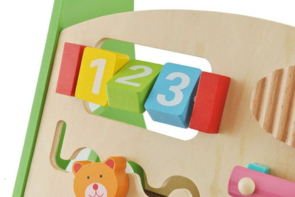 Antepremergator educativ din lemn pentru copii, 4 In 1 cu centru de activitati, numere, forme geometrice 10 piese si roti anti-alunecare, Multicolor