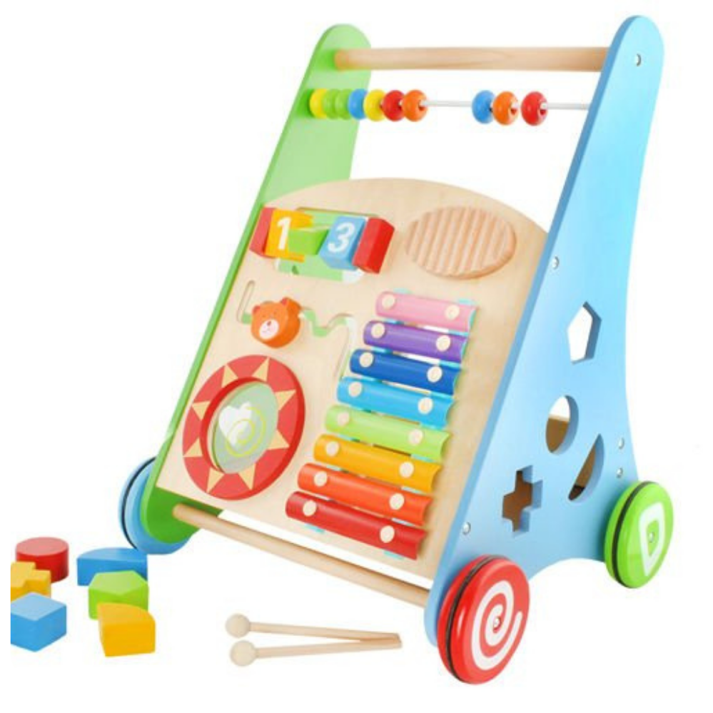 Antepremergator educativ din lemn pentru copii, 4 In 1 cu centru de activitati, numere, forme geometrice 10 piese si roti anti-alunecare, Multicolor