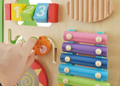 Antepremergator educativ din lemn pentru copii, 4 In 1 cu centru de activitati, numere, forme geometrice 10 piese si roti anti-alunecare, Multicolor