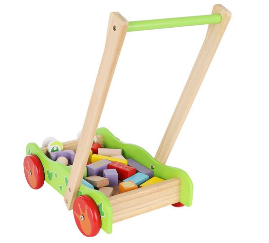 Antepremergator educativ din lemn pentru copii si carucior pentru cuburi 20 piese, Verde