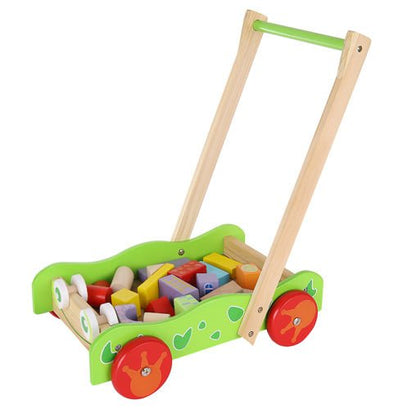 Antepremergator educativ din lemn pentru copii si carucior pentru cuburi 20 piese, Verde