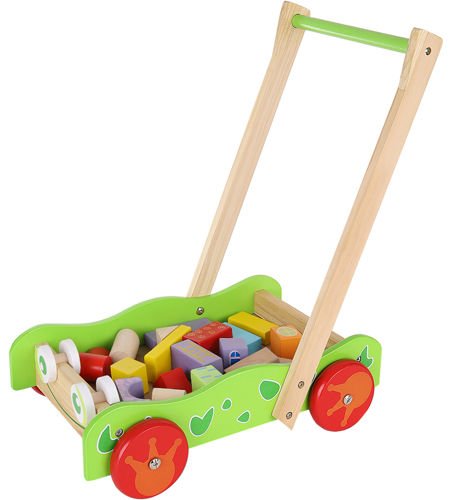 Antepremergator educativ din lemn pentru copii si carucior pentru cuburi 20 piese, Verde